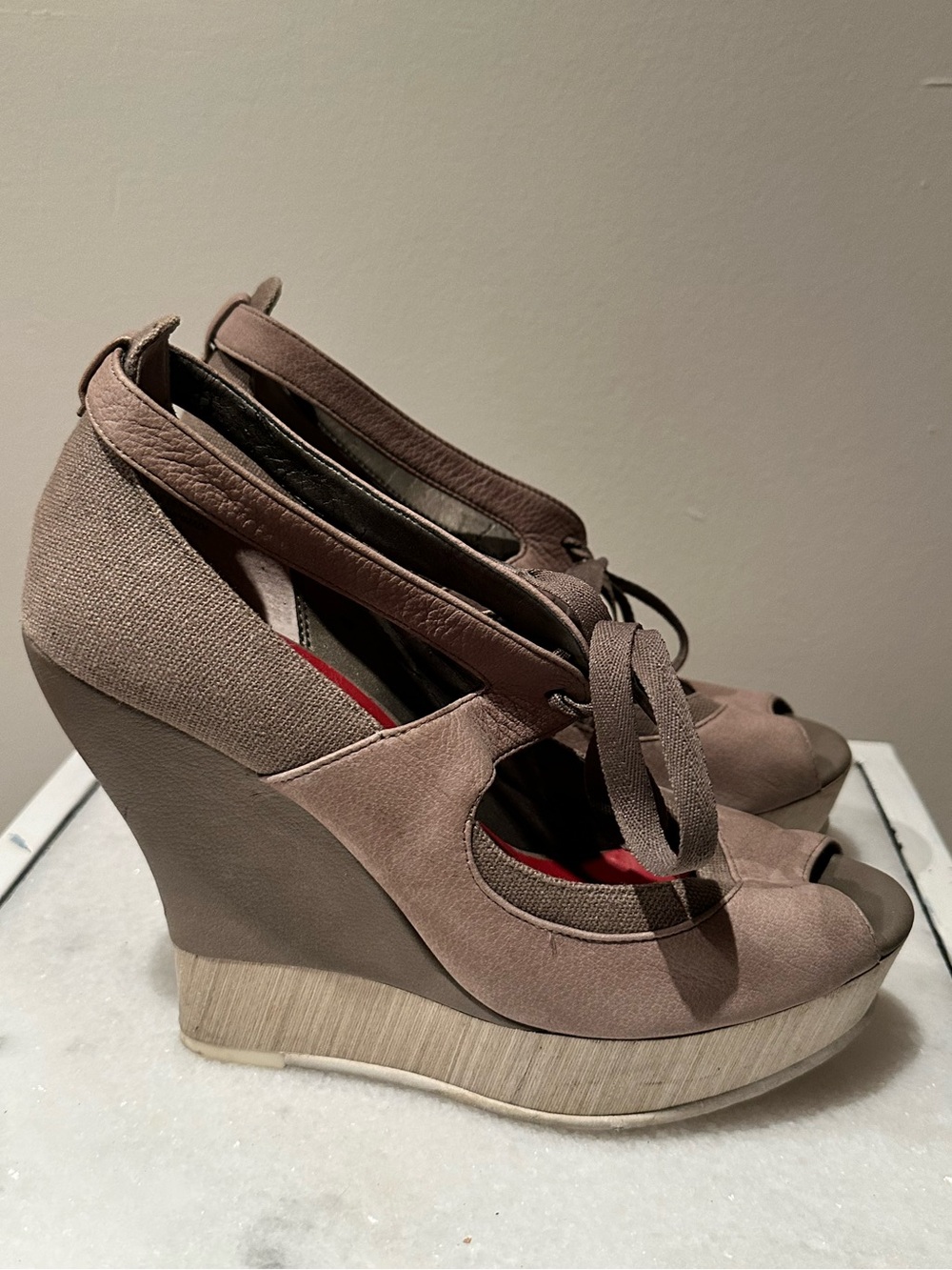 Halogen leather peep toe wedges